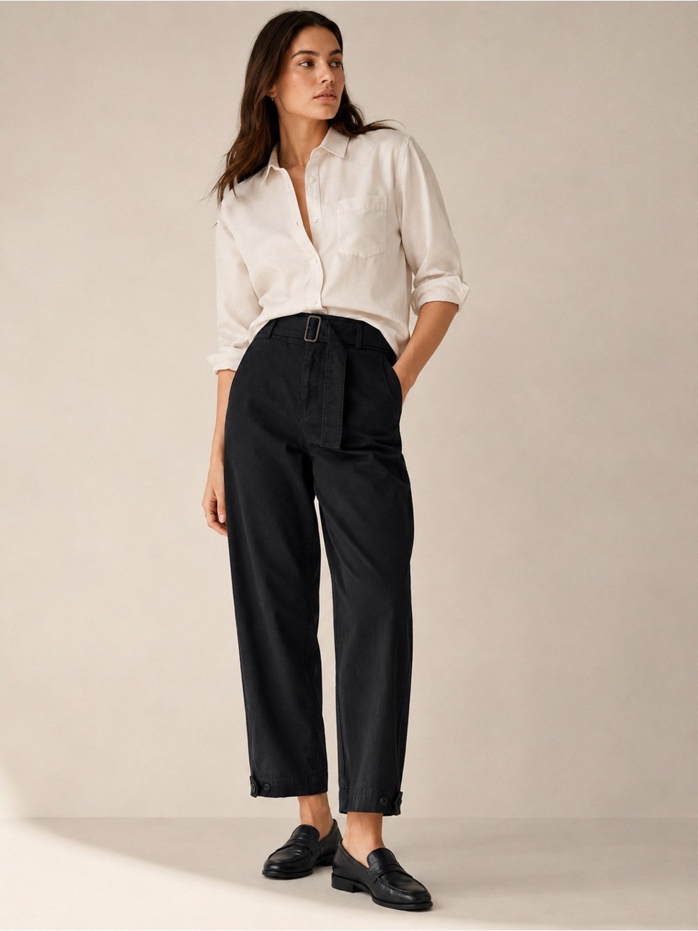 Banana Republic Black Belted Chino Pants Size 4 Adjustable Hem Cotton Stretch